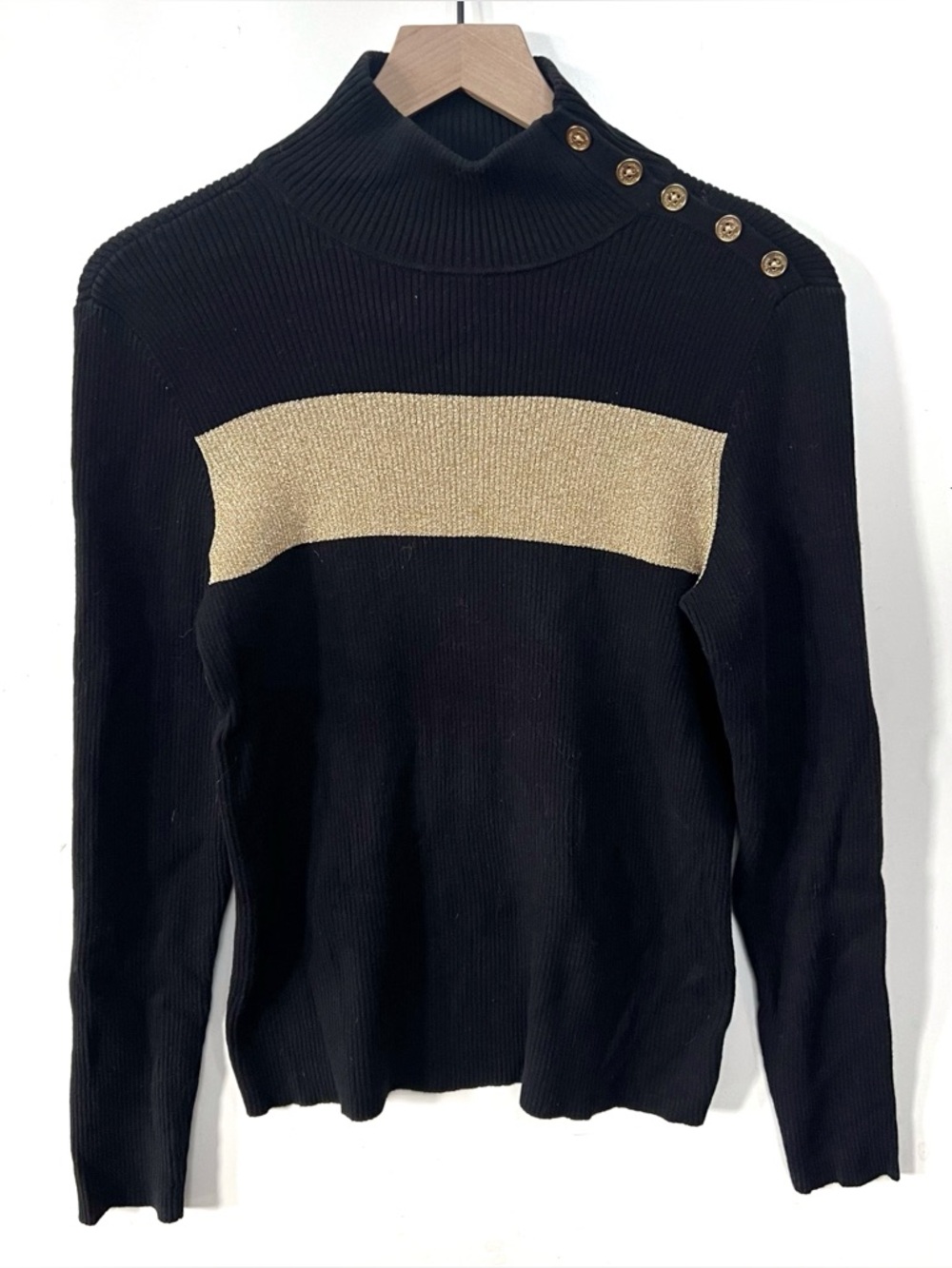 Lauren Ralph Lauren Black Gold Stripe Sweater Mock Neck Button Shoulder Knit M